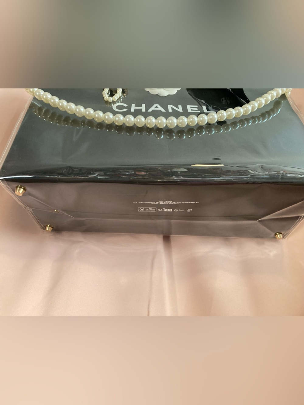 CHANEL Black Patent PVC Shopping Bag with Pearl Handle Accent large tote - Picture 3 of 4